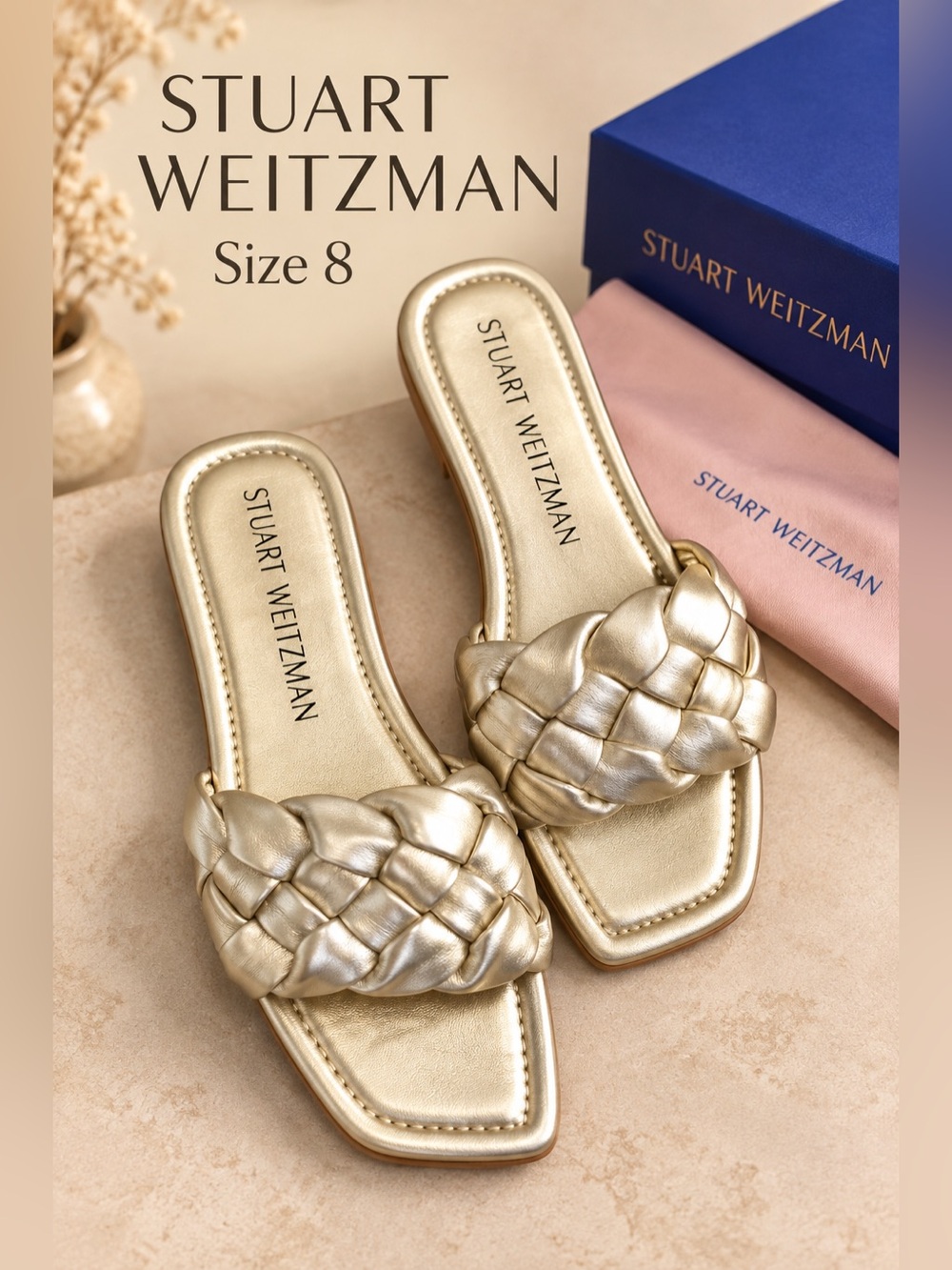 Stuart Weitzman Braida Flat Slide Light Gold Metallic Leather Sandals Size 8